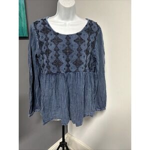 Rachel Zoe Women's Large Babydoll Top Embellished Blue Cotton Boho Grunge Hippie